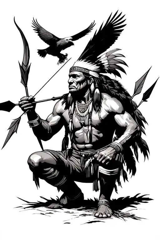 A Crouching Indian Holding A Broken Arrow With Two Arrows In A Quiver And An Eagle Flying Overhead