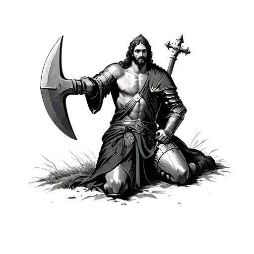 Knight With A Poleaxe Kneeling On A Battlefield Under Jesus