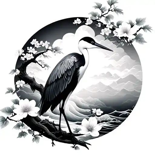 Japanese Cherry Tree Crane Waves Flowers