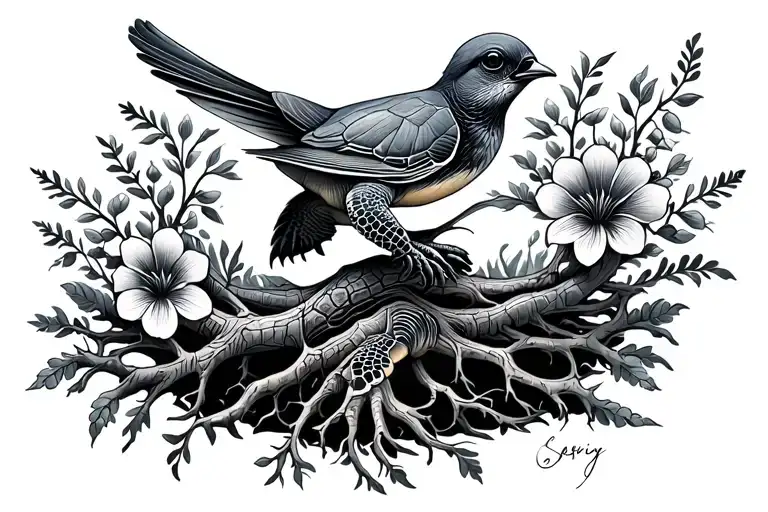 Infinity Signed Entertwined With Roots And Flowers Bird Turtle