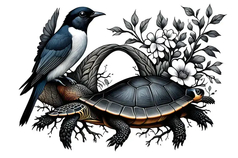 Infinity Signed Entertwined With Roots And Flowers Birds And A Turtle