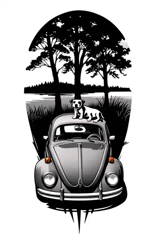 1972 Volkswagen Bug Driving Towards A Lake With Trees And A Lab Dog Hanging Out Passenger Window