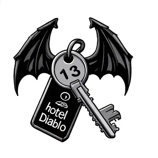 Hotel Key With Bat Wings With 13 In The Center And A Key Tag That Says Hotel Diablo
