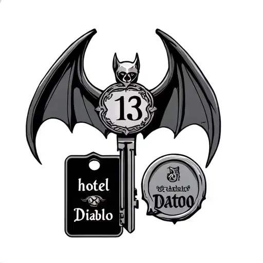 Hotel Key With Bat Wings With 13 In The Center And A Key Tag That Says Hotel Diablo