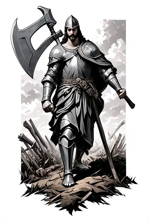 Knight With A Poleaxe On A Battlefield Under Jesus