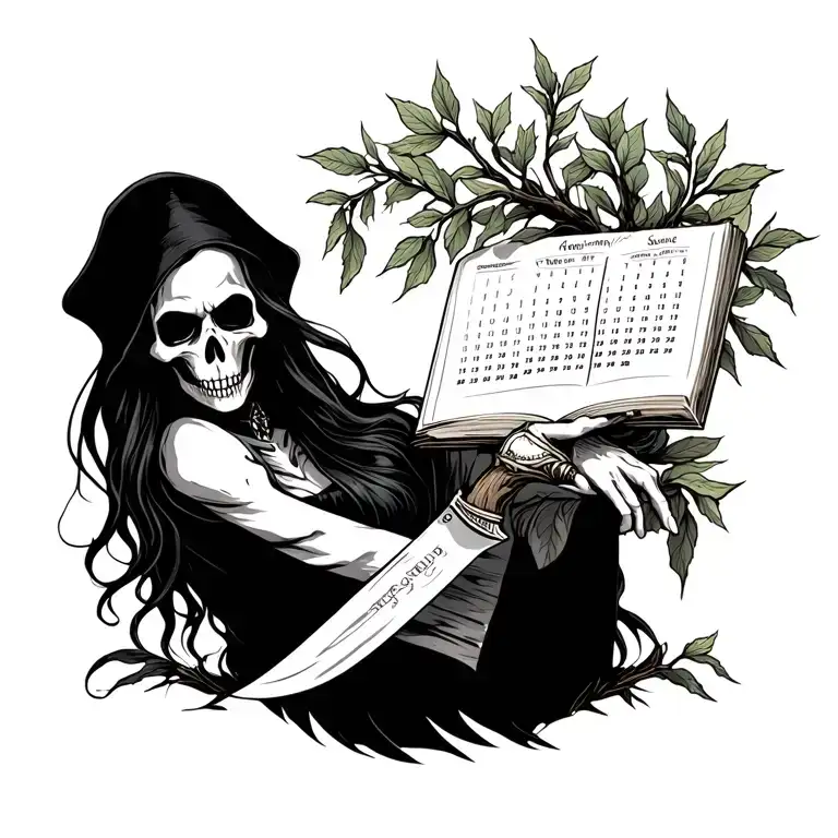 Female Grim Reaper With Calendar Pages Coming Off Of Knife Turning Into Leaves From A Willow Tree