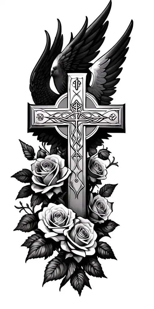 Cross With Wings And Trinity Symbol On It Surrounded By Roses With Budgie