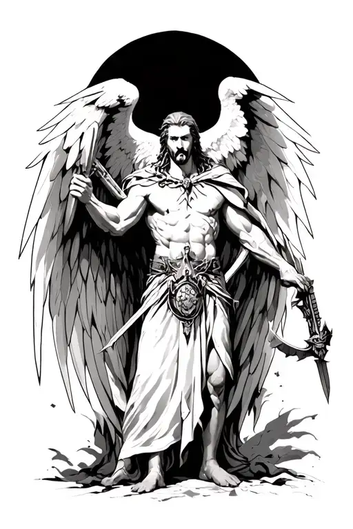 Arch Angle Gabriel With Bothe Of His Side The Mesabger And The Guardian Fighter