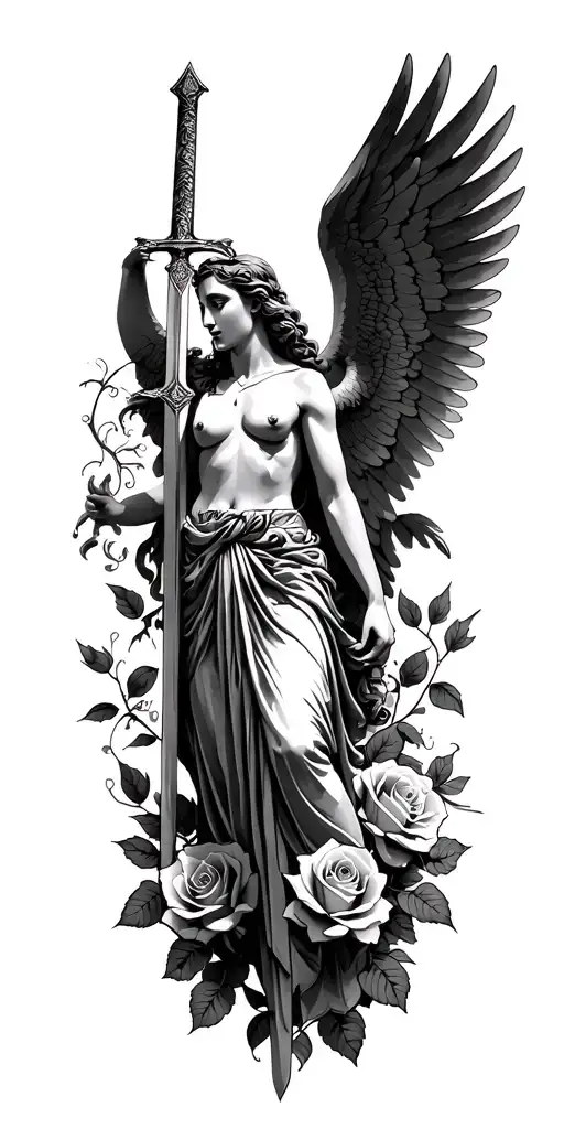 Greek Angel With Wings And Sword Surrounded With Roses