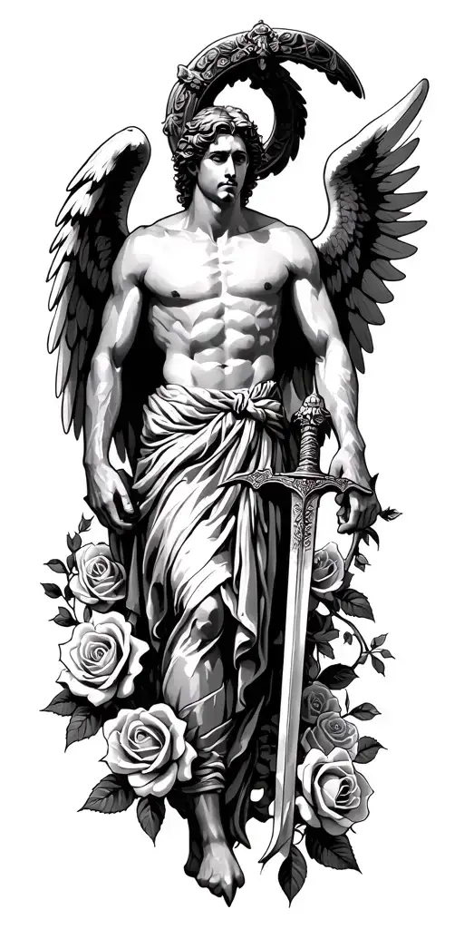 Masculine Greek Angel With Wings And Sword Surrounded By Roses