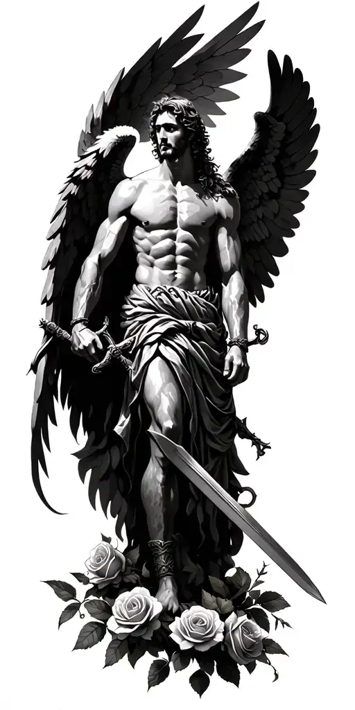 Masculine Greek Angel With Wings And Sword Surrounded By Roses In A Dark Forest