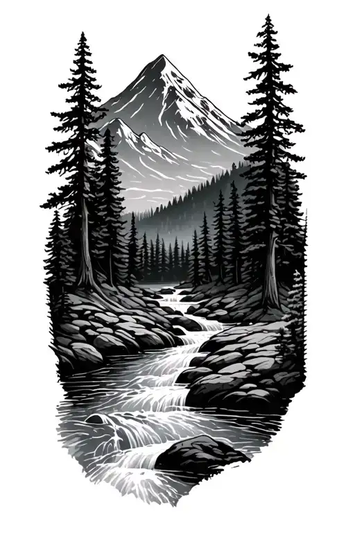 Forest With River Flowing And Mountain In Background