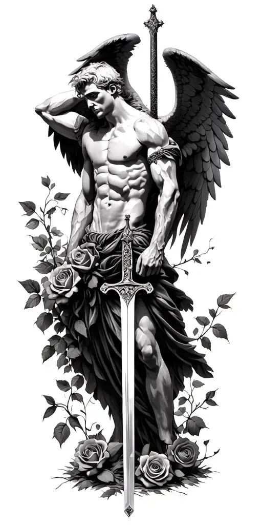 Masculine Greek Angel With Wings And Sword Surrounded By Roses In A Dark Forest With Short Hair