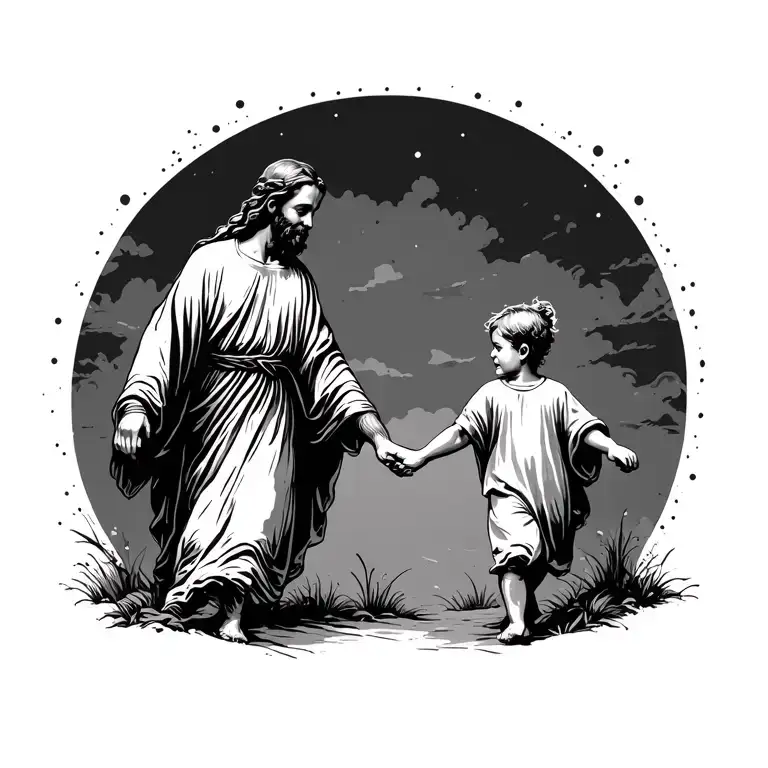 Line Drawing Of God And Young Child Holding Hands Walking