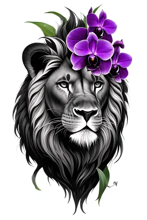 Lion With Purple Orchids