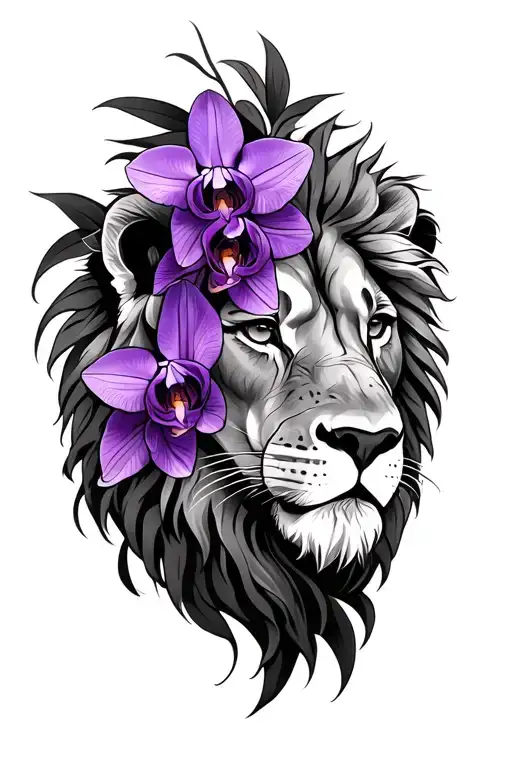 Lion With Purple Orchids Intertwined