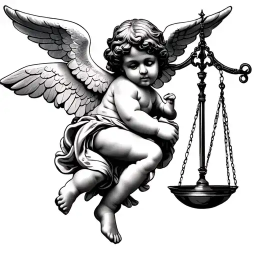 Cherub Holding Scale Balanced With Magnet Behind Cherub