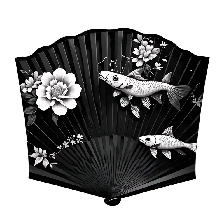 Japanese Style Fan With Flowers And Koi Fish