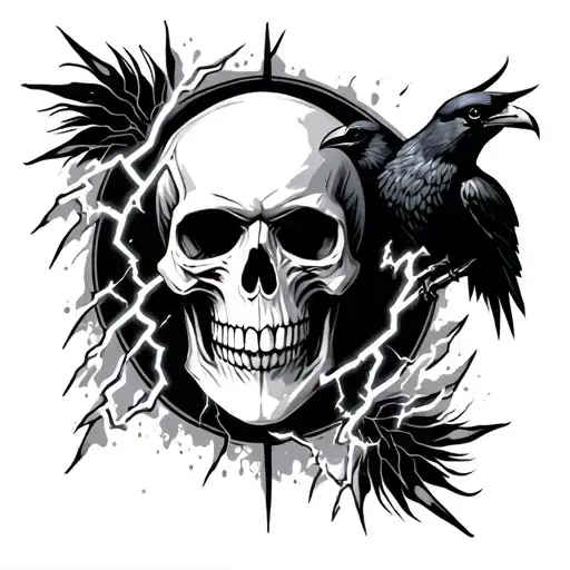 Skull And Lightning And Crow Silhouette Surrounded