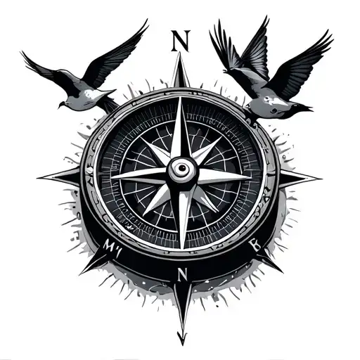 Compass With Swallow Birds Flying