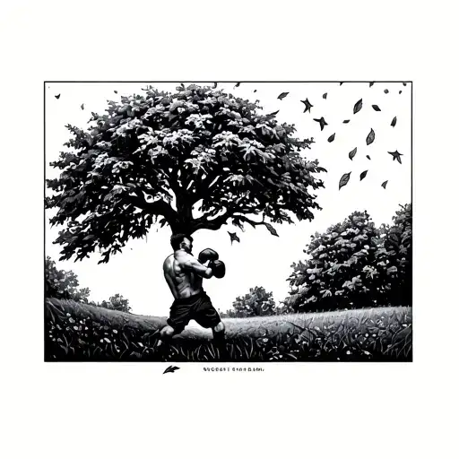 Boxing Man Under Tree Trying To Catch Falling Leaves