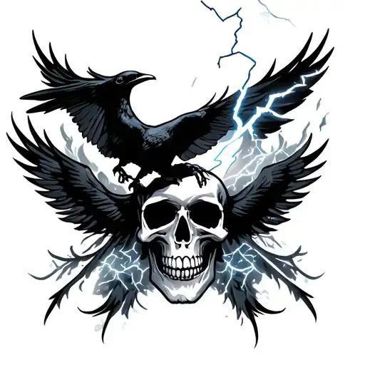 Skull And Lightning And Crow Silhouette Surrounded