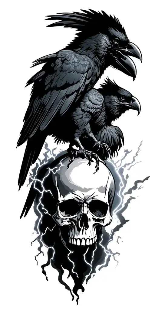 Skull And Lightning And Crow Silhouette Surrounded