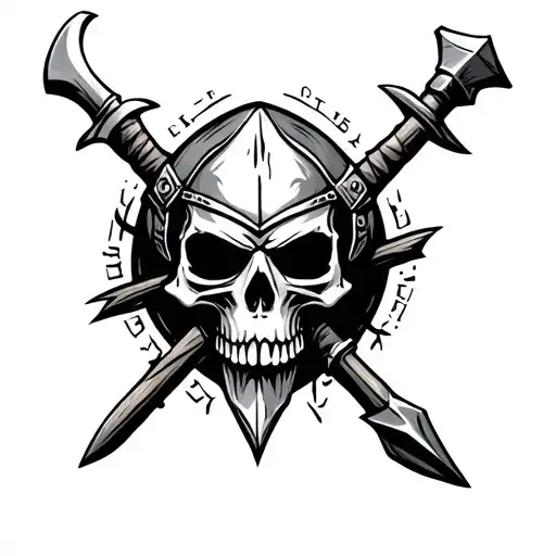 Viking Skull With Hammer And Spear Embedded