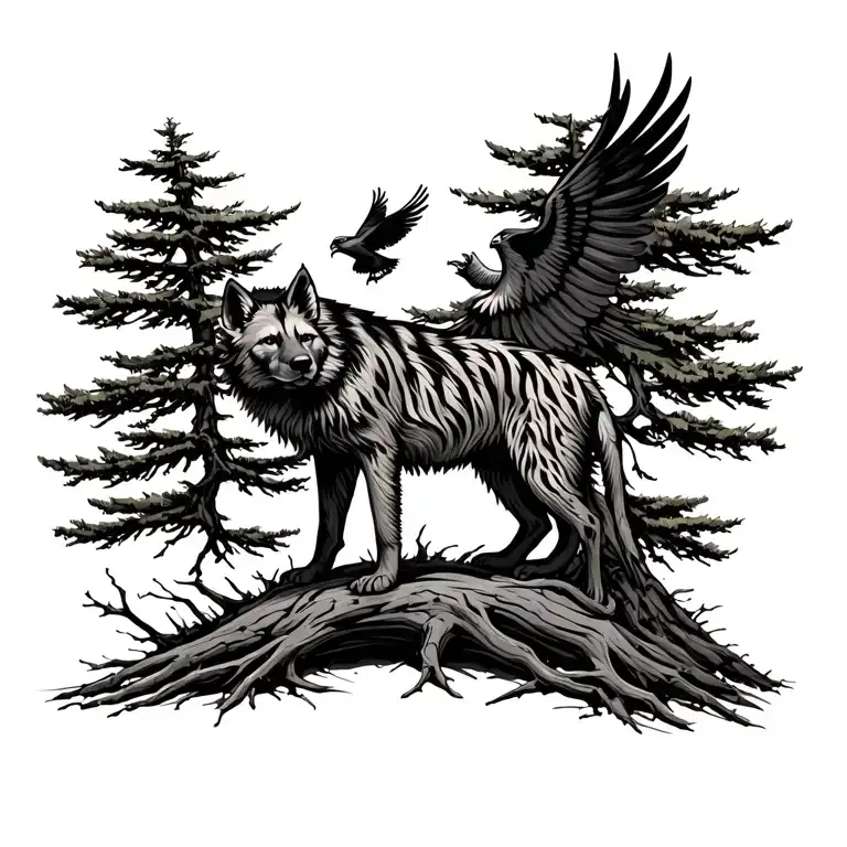 Striped Hyena In Front Of A Lebanese Cedar Tree With A Phoenix Flying Above It