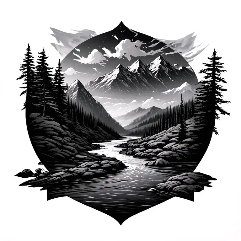 Mountains With A River And Bomb With America