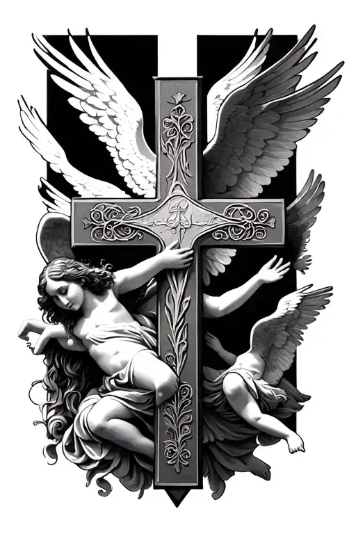 Religious Cross And Angels Flying