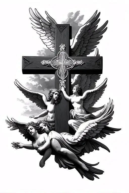 Religious Cross And Angels Flying