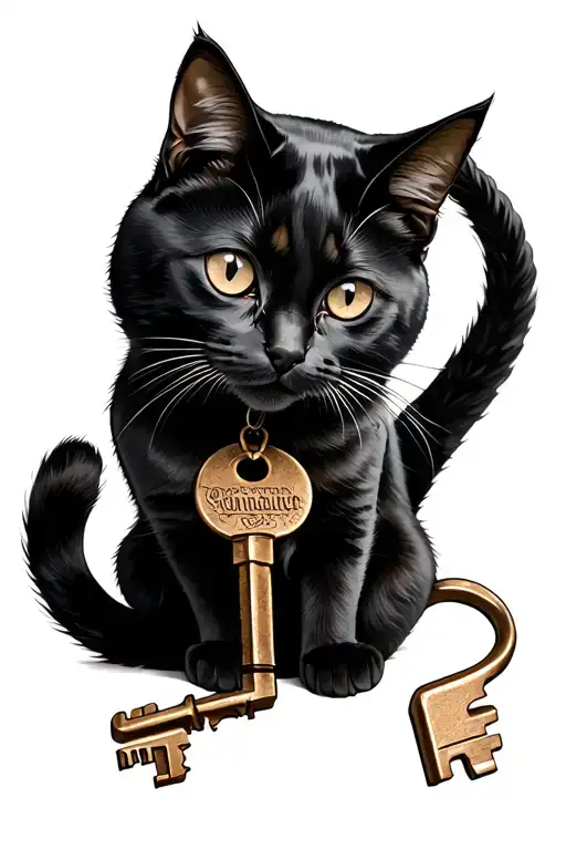 A Black Cat With An Old Key On Her Tail
