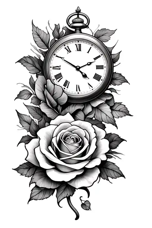 Flowing Ribbons And Pocket Watch And Rose