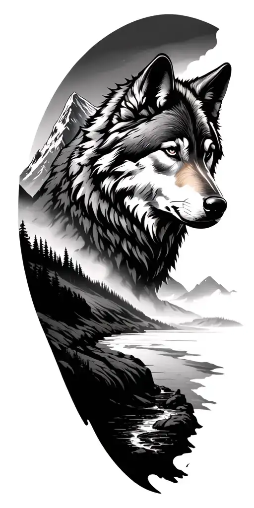 Mountain Range With A Winding River Flowing With Wolf