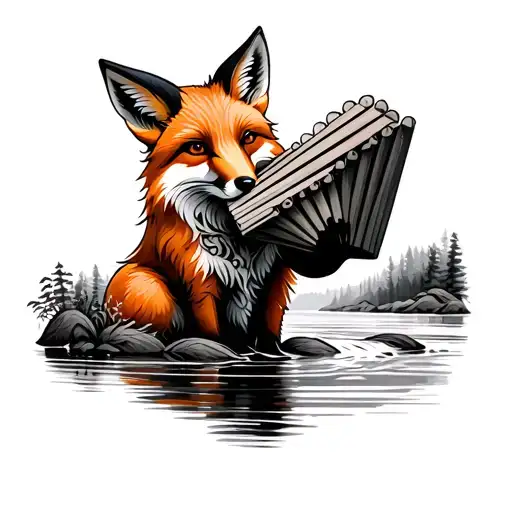 Fox Playing The Pan Flute Next To A River Flowing