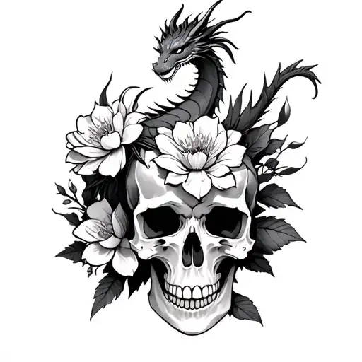 Dragon Standing On A Skull With A Blooming Queen Of The Night Flower