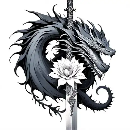 Dragon Wrapped Around A Sword With A Blooming Queen Of The Night Flower