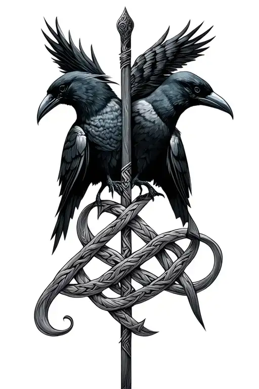 Hugin And Muninn On A Staff Of Jormundr With Viking Knots