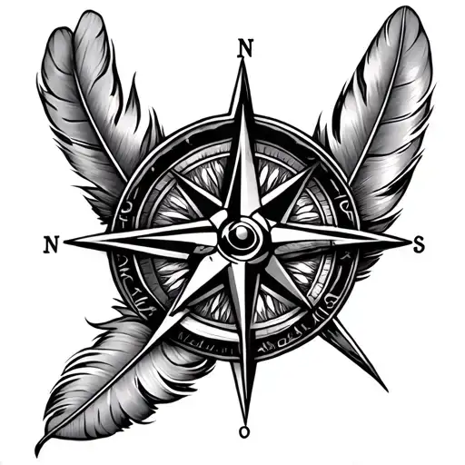 Feather And Compass Rose With Intricate Details
