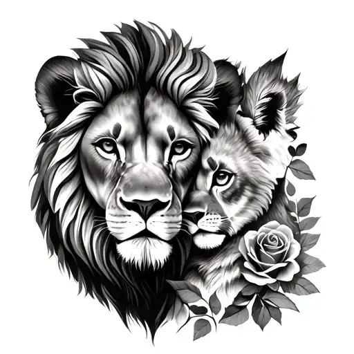 Lion And Cub Faces With Roses Represet Father And Daughter