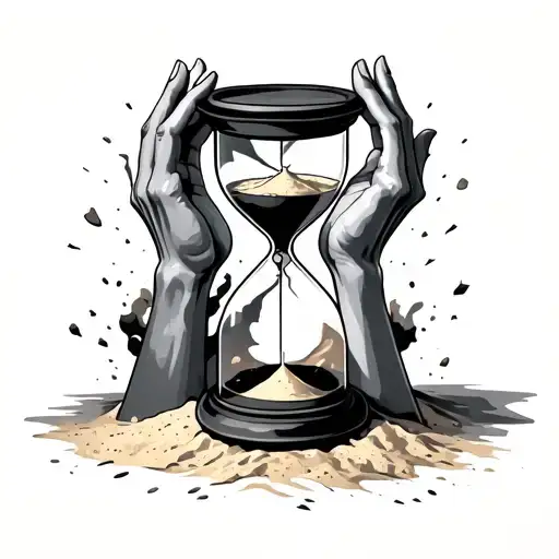 Broken Hourglass With Hands Catching Sand