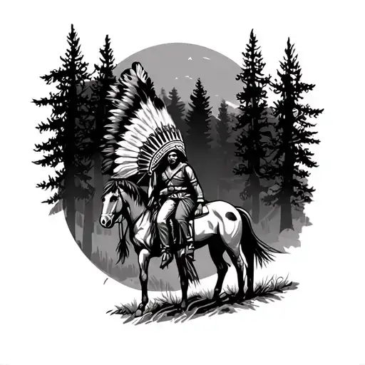 Apache Indian With Headdress On A Horse In A Pine Forest At Night