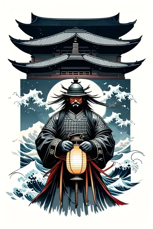 Samurai Holding A Japanese Lantern Background Is Pagoda With Wave And Wind Breaker
