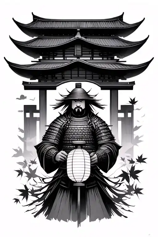 Samurai Holding A Japanese Lantern Background Is Pagoda With Maple Leaves