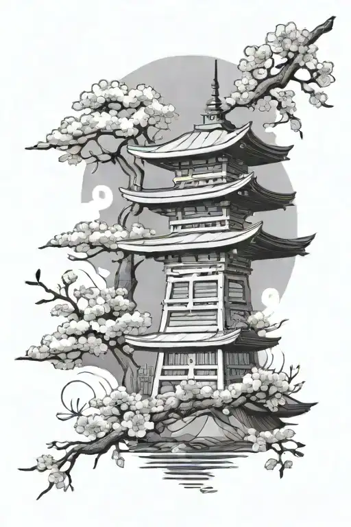 Cherry Blossom And Japan Decor With Torii Mount Fuji Word In Japanese
