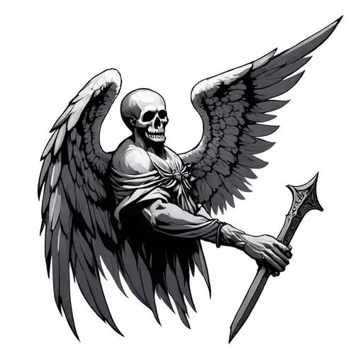 Male Skull Guardian Angel With Wings Holding A Soward