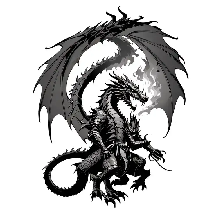 Knight Riding Dragon Breathing Fire