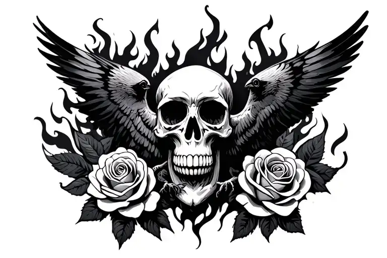 Skull Roses Crow Raven Flying Negative Space Soul On Fire