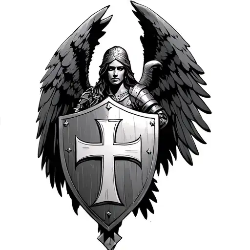 Warrior Angel With Templar Cross On Shield Adorned